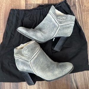 Chanel Distressed Suede Heeled Booties 36